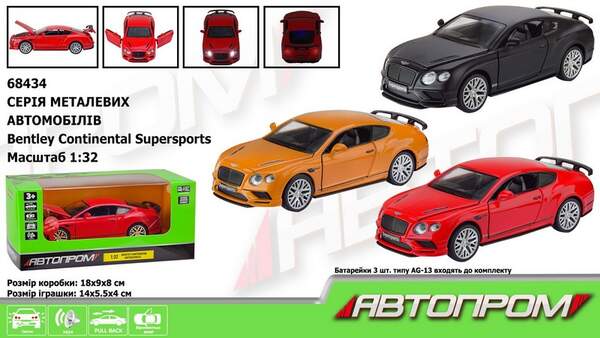 Машина мет. АВТОПРОМ арт. 68434 (48шт/2) 1:32 Bentley Continental GT Supersports, бат., світло, звук (шт.)