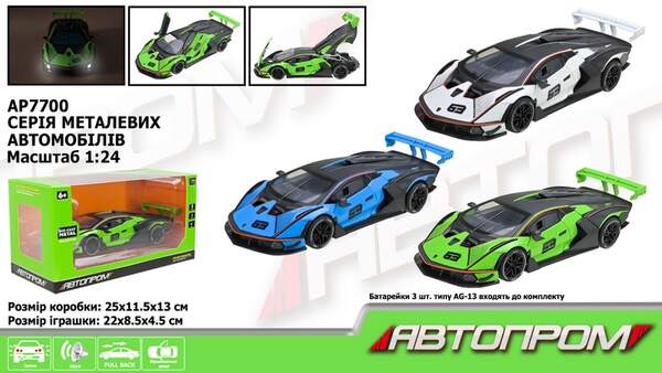 Машина мет. АВТОПРОМ арт. AP7700 (12шт)1:24,3 кольори, батар,світ.,звук,двері відкр.,короб.29*16,3*1 (шт.)
