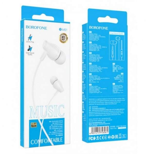 Навушники BOROFONE BM61 Wanderer універсальні earphones with mic 1.2m White (шт.)