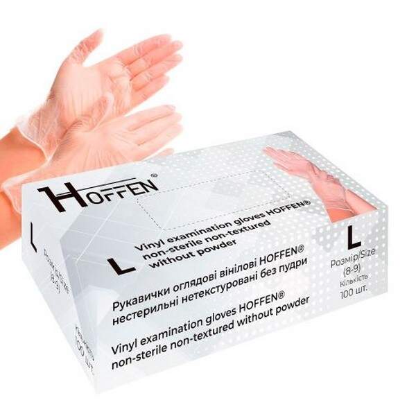 Рукавички вінілові L Hoffen 4.0г нестерильні нетекстуровані б/п 50пар/уп HFN-15402L (10уп) (шт.)