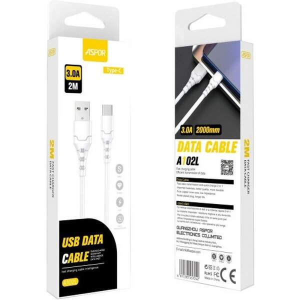 USB кабель Aspor А102L Type-C Fast Charge 3A/2M - білий(7242) (шт.)